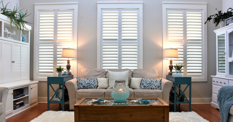 Plantation shutters in a living room